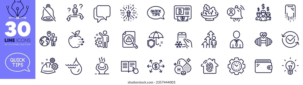 Salad, Smartphone recovery and User notification line icons pack. Vitamin h, Employee result, Food delivery web icon. Human, Fingerprint access, Mute pictogram. Salary employees. Vector