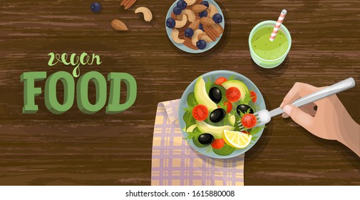 Salad and smoothie top view banner template. Healthy vegan food breakfast. Green fruit and vegetable bowl. Fitness diet ration fresh vegetarian flat lay vector illustration