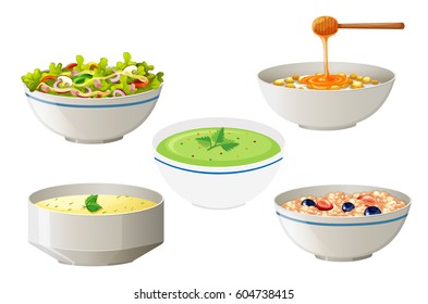 Salad and soups in white bowls illustration