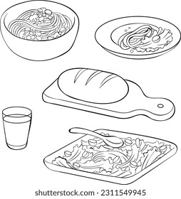 Salad, Spagetti and Bread Vector Line Art