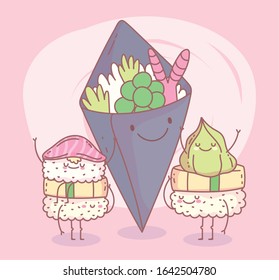 salad with sushi japanese menu restaurant food cute vector illustration