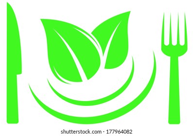 salad symbol with knife, fork and leaf on plate