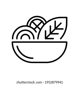 Salad thin line icon isolated on white. Chopped vegetables and culinary plants in bowl, vegan dish outline pictogram. Healthy organic food plate with greenstuff vector element for infographic, web.