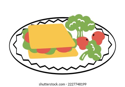 Salad with toast. Organic and natural products, vegetables with vitamins. Radishes, broccoli and greens with bread. Traditional morning breakfast. Vegetarian diet. Cartoon flat vector illustration