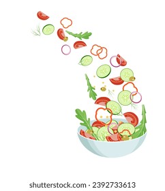 Salad of tomatoes, cucumbers, arugula, red onions, green olives, dill and mustard seeds. Flying lettuce slices. Flat design.