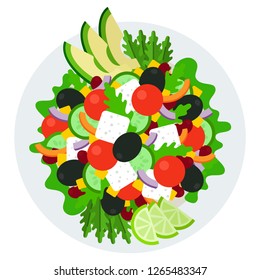 Salad of tomatoes, cucumbers, pepper, beans, corn, onions, olives, avocados, arugula leaves, feta cheese and lime wedges in a plate top view vector flat icon isolated on white