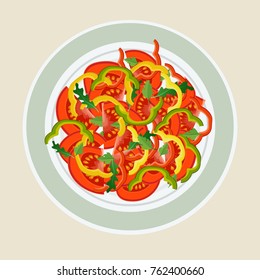 Salad of tomatoes and peppers in a light plate. The concept of healthy eating.