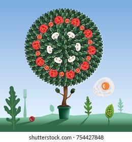 the salad tree in a pot with tomatoes, leaves, mushrooms and fried egg
