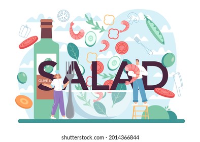 Salad typografische Header. Menschen, die frische Bio- und gesunde Lebensmittel kochen. Gemüse- und Obstsalat in einer Schüssel. Einzelne flache Vektorgrafik