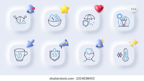 Salad, Umbrella and Mental health line icons. Buttons with 3d bell, chat speech, cursor. Pack of Ph neutral, Medical mask, Coronavirus protection icon. Low thermometer, Coffee pictogram. Vector