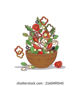 Salad of various ingredients. Vector illustration.