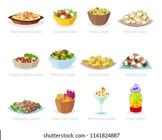 Salad vector healthy food with fresh vegetables tomato or potato in salad-bowl or salad-dish for dinner or lunch illustration set of organic meal diet isolated on white background