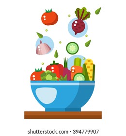 Salad vector illustration. Salad bowl in flat style. Concept fresh, natural, healthy food. Vegetable salad in a plate. Flat icon salad