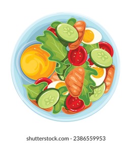 Salad vector illustration. Cartoon isolated top view of round plate with healthy fresh vegetables slices and eggs, croutons or chicken meat pieces, cooked salad in bowl for restaurant or home menu