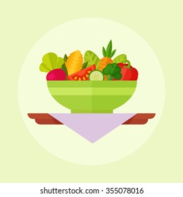 Salad vector illustration isolated on a colored background. Salad bowl in flat style. Concept fresh, natural, healthy food.  