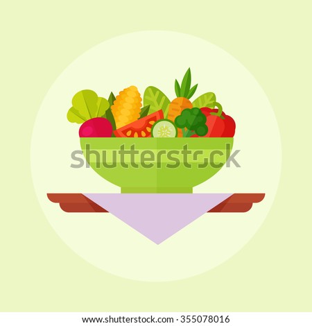 Salad vector illustration isolated on a colored background. Salad bowl in flat style. Concept fresh, natural, healthy food.  