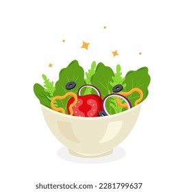 Salad in vegetable bowl. Fresh and healthy food. Vegetarian nutrition. Vector illustration in flat style