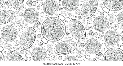 Salad Vegetable Ingredients Seamless Pattern, Mediterranean Food Sketch Vector Illustration
