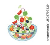 Salad. Vegetables in bowl. Red tomatoes, bell pepper, cucumber, black olives, onions and tofu. Salad bar for healthy meal. Vegetarian bowl of salad vector illustration.