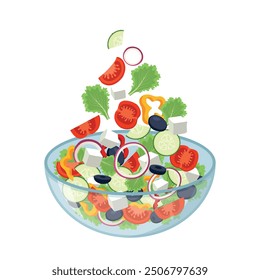 Salad. Vegetables in bowl. Red tomatoes, bell pepper, cucumber, black olives, onions and tofu. Salad bar for healthy meal. Vegetarian bowl of salad vector illustration.