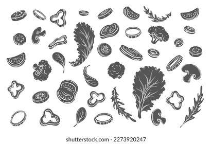 Salad vegetables fly in air glyph icon vector illustration. Silhouette of fresh sliced food ingredients cut into pieces fall, mix slices and leaf for summer Mediterranean diet and healthy salad menu