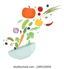 Salad. Vegetables fly into the bowl. Fresh ingredients for cooking. Isolated vector illustration