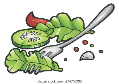 Salad Vegetables on a Fork - Vector Illustration