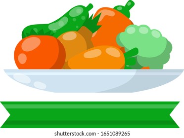 Salad of vegetables on plate - healthy vegetarian lunch. Mixture of onions, tomatoes, carrots, pepper, broccoli and cucumbers. Diet for weight loss with blank text tape - Cartoon flat illustration