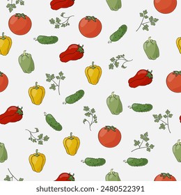 Salad vegetables on a white background. Seamless pattern. Hand-drawn tomatoes, peppers, cucumbers, parsley. Background for textile, paper, cover, dishes, interior decor.