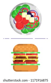 Salad vs hamburger. Hamburger and salad flat design. Vector illustration.