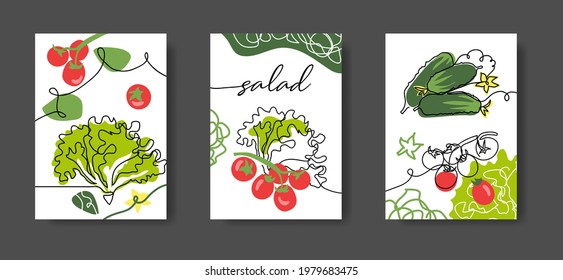 Salad wall line art decoration, poster. Set of vector illustrations, one continuous line decoration of vegetables tomatoes, cucumbers and salad for kitchen or cafe.