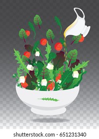 salad in white bowl with butter, assorted lettuce,tomatoes, mozzarella,on transparent background with shadow