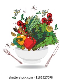 salad in white bowl, vector illustration isolated on white background, hand drawing, tomatoes, lemon, sweet pepper