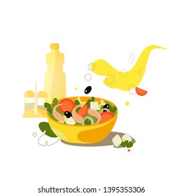 
salad in a yellow bowl of vegetables and seafood. salad during cooking. illustration for a menu, greeting card, or website design about food and restaurants