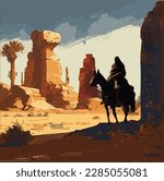 Saladin on horseback in shadow of desert cliff, rock formations in background