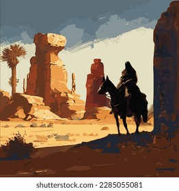 Saladin on horseback in shadow of desert cliff, rock formations in background