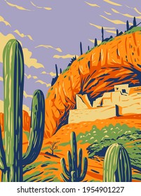 Salado-Style Cliff Dwelling and Saguaro Cactus in Tonto National Monument in Superstition Mountains Located in Gila County Arizona WPA Poster Art