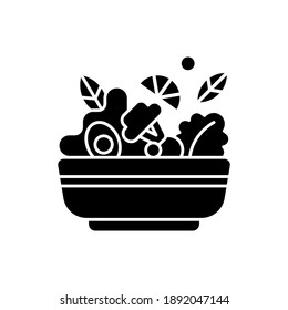 Salads Black Glyph Icon. Lunch And Dinner Delivery. Leafy Greens And Salad Dressing. Fresh Vegetables. Healthy Food For Vegans. Silhouette Symbol On White Space. Vector Isolated Illustration