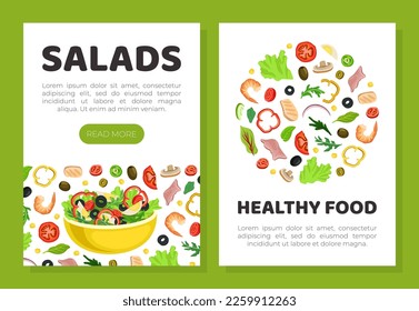 Salads healthy food mobile app templates set. Organic healthy natural food web banner, card cartoon vector