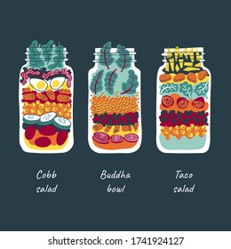 Salads In Jars. Buddha Bowl, Taco Salad, Cobb Salad. Meal Prep, Make Ahead Lunch. Colorful Hand-drawn Vector Illustration. Colorful On Dark Background.