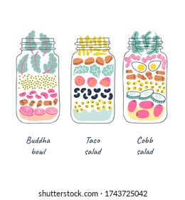 Salads in jars. Buddha bowl, taco salad, cobb salad. Meal prep, make ahead lunch. Colorful hand-drawn vector illustration. Pastel color palette, isolated on white background.