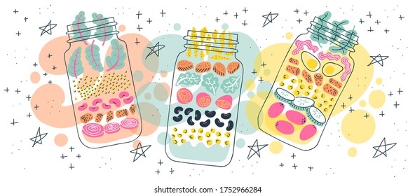 Salads in jars horizontal banner. Buddha bowl, taco salad, cobb salad. Meal prep, make ahead lunch. Colorful hand-drawn vector illustration. Pastel color palette on white background.