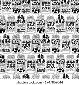 Salads in jars seamless pattern. Buddha bowl, taco salad, cobb salad. Meal prep, make ahead healthy lunch. Black and white hand-drawn vector illustration on white background.