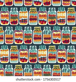 Salads in jars seamless pattern. Buddha bowl, taco salad, cobb salad. Meal prep, make ahead healthy lunch. Colorful hand-drawn vector illustration on dark background.
