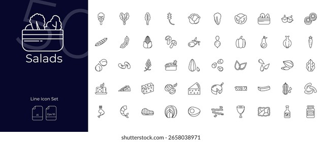 Saladas Linha Ícones editáveis conjunto. Ilustração vetorial no estilo de linha fina moderna de Ícones de saladas: vegetal, ingrediente, saudável, etc