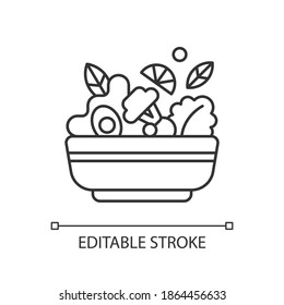 Salads linear icon. Lunch and dinner delivery. Leafy greens and salad dressing. Fresh vegetables. Thin line customizable illustration. Contour symbol. Vector isolated outline drawing. Editable stroke