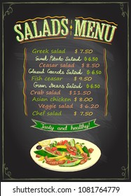 Salads menu chalkboard concept, hand drawn illustration with salad plate, copy space for text