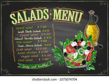 Salads menu chalkboard design concept, hand drawn illustration with greek salad and olive oil