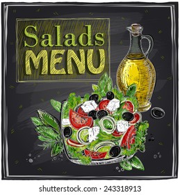 Salads menu chalkboard  design with Greek salad