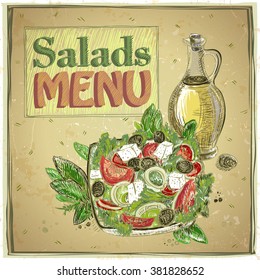 Salads menu design, vintage style vector illustration with greek salad